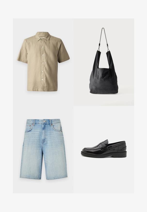 Chemise à manches courtes en beige clair, en tissu texturé. Présente une fermeture à boutons sur le devant, un col pointed et six boutons le long de la patte de boutonnage.; Shorts en denim bleu clair avec une coupe droite, dotés d'une fermeture à bouton et à fermeture éclair, de cinq poches et d'une finition légèrement délavée.; Mocassins en cuir noir avec une finition lisse, un bout rond, un petit talon et descoutures décoratives à l'avant. Semelle en caoutchouc pour l'adhérence.; Sac fourre-tout en tissu noir doux avec de larges anses et une fine bandoulière tressée noire et blanche.