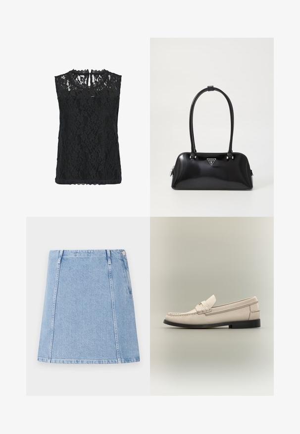 Sort blonde ærmeløs top med blomster mønster, scallopet halsudskæring og nøglehul bagpå. Letvægtsstof med tekstureret overflade.; Lysblå denimnederdel med lige snit, synlige sømdetaljer og en sidelomme. Materialet har en struktureret overflade med en blød finish.; Beige læder herresko med sort sål og dekorativ remdetalje på lys grå baggrund.; Sort glanshandtaske med en buet silhuet, to håndtag og en frontlogo-plakette. Lynlås lukning og skinnende hardware-detaljer.