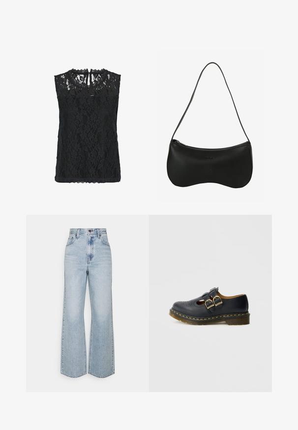 Sort blonde ærmeløs top med blomster mønster, scallopet halsudskæring og nøglehul bagpå. Letvægtsstof med tekstureret overflade.; Lysblå denim brede ben jeans med høj talje, klassisk fem-lomme design og kontrasterende syninger. Uslebne kanter i bunden.; Sort lædersko med to remme og spænder, med perforerede detaljer, rundet tå og en gul syningsaccent rundt om sålen.; Sort skuldertaske i læder med buet form, lynlås og enkelt tynd skulderrem; glat tekstur og diskret præget logodetalje.