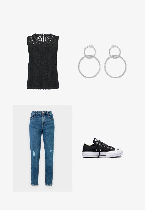 Sort blonde ærmeløs top med blomster mønster, scallopet halsudskæring og nøglehul bagpå. Letvægtsstof med tekstureret overflade.; Blå højtaljede skinny jeans med slidte detaljer på lår og lommer, med knap- og lynlås-lukning.; Sort lavt sneakers i lærred med hvid sål i gummi, sorte snørebånd og metaløjer på hvid baggrund.; Sølv metal øreringe med to sammenflettede cirkler, en større og en mindre, med børstet finish og push-back låse.