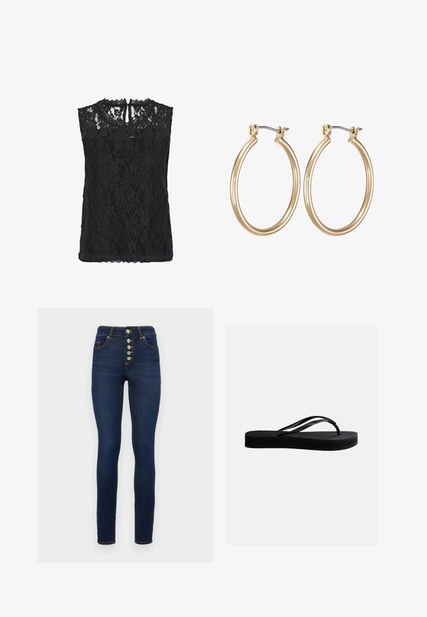 Sort blonde ærmeløs top med blomster mønster, scallopet halsudskæring og nøglehul bagpå. Letvægtsstof med tekstureret overflade.; Mørkeblå skinny jeans lavet af denim med høj talje, fem-knaps lukning og kontrasterende orange syninger.; Sort gummiflipflop med tekstureret sål og Y-formet rem, vist i sideprofil mod en ensartet lys baggrund.; Guldfarvede metal hoops øreringe med et glat, cirkulært design og en sikret hængsel-lukning. Letvægts med en poleret overflade.