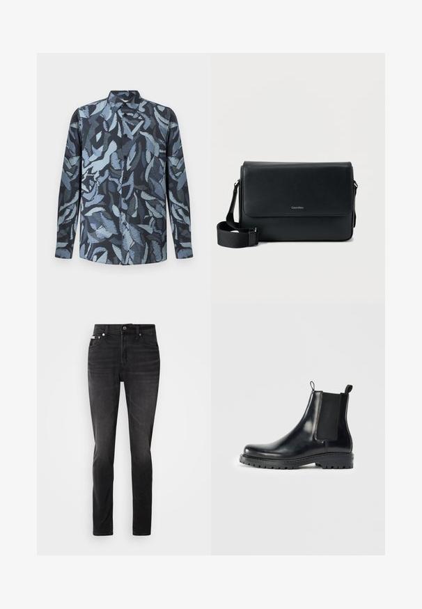 Langemouwen shirt van zachte stof met een donkerblauwe basis en abstracte lichtblauwe blaadjespatronen, knoopsluiting aan de voorkant en een kraag.; Zwarte denim jeans met een slim fit, vijf zakken ontwerp en knoopsluiting. Kenmerkt zich door een subtiele vervaging en stikselaccenten op de zakken.; Zwarte leren Chelsea laarzen met elastische zijpanelen, een lus voor gemakkelijke aan- en uittrekken, en een robuuste rubberen zool met een gestructureerde grip.; Zwarte leren messengerbag met een gestructureerde afwerking, verstelbare riem en een voorflap met een subtiel logo. Compacte en rechthoekige vorm.