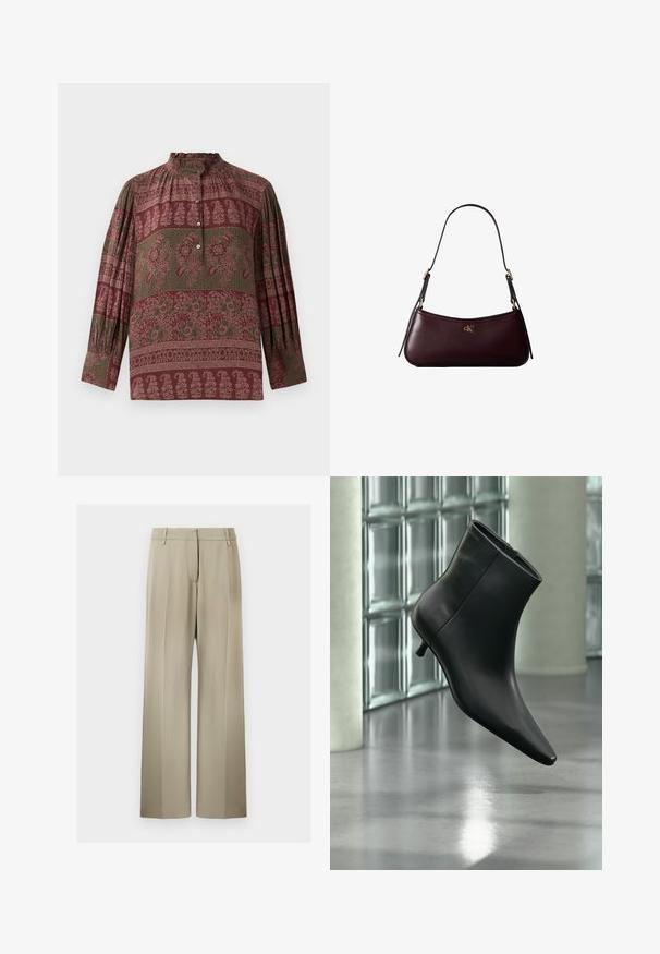 Chemise bordeaux à col montant, ornée de motifs floraux, en tissu texturé, avec des manches longues à détails froncés.; Pantalons à jambes larges en tissu beige doux, avec un devant plat, des passants de ceinture et une texture lisse. Taille standard sans motifs visibles.; Bottine en cuir noir à bout pointu et petit talon kitten, présentée en angle devant un sol poli et un mur en blocs de verre.; Sac à main en cuir bordeaux foncé avec une fine sangle d'épaule noire et un petit logo doré "cK" au centre devant.