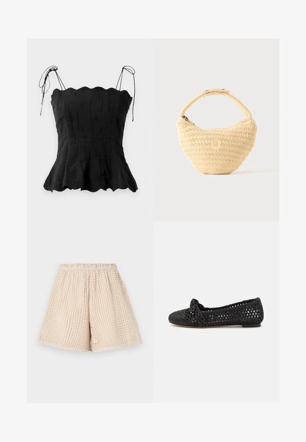 Zwarte linnen top met een aansluitende lijfje, gegolfde halslijn en verstelbare tiestraps. De uitlopende zoom creëert een vloeiende silhoët.; Beige shorts met een gestructureerd, wafelachtig patroon. Elastische tailleband en losse pasvorm. Lengte tot halverwege de dij. Lichtgewicht materiaal.; Zwarte platte schoen met geweven textiel bovenkant, met een geknoopte accent op de teen. Glad zool, ronde teenvorm en open geweven ontwerp.; Beige geweven handtas met afgerond lichaam, ritssluiting en een korte, dikke band in een eenvoudige, gestructureerde haakstijl.