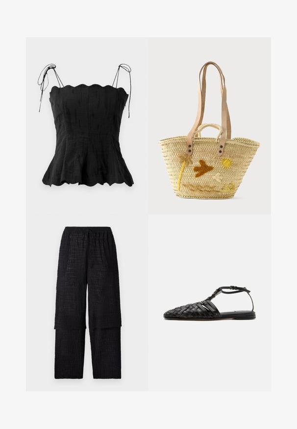 Top en lin noir avec un corsage ajusté, un décolleté festonné et des bretelles à nouer ajustables. L'ourlet évasé crée une silhouette fluide.; Henrik Vibskov SHANTS PANTS - Pantalon classique - black; Sandale plate en cuir noir avec bout fermé tissé, bride à la cheville et boucle, présentée sur fond blanc.; Sac cabas en paille tressée avec des bretelles en cuir fauve, de petites poignées et des motifs brodés de palmier, oiseau, soleil, nuage et colline sablonneuse sur le devant.