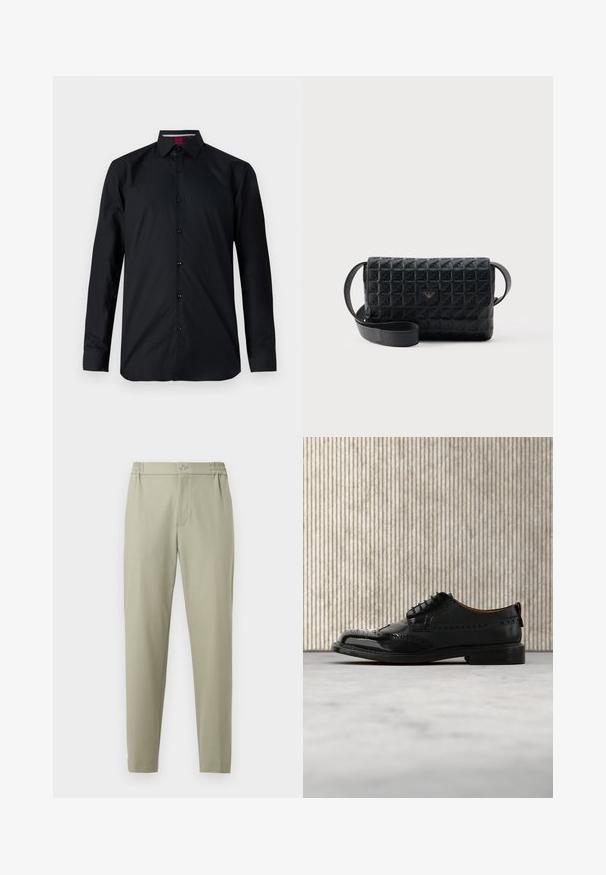 Sort langærmet skjorte lavet af glat stof. Har en knaplukning foran, klassisk krave og diskret syning. Forstærkede manchetter.; Beige tapered bukser med elastisk linning, knaplukning og foran lynlås, vist på en flad hvid baggrund.; Sort læder brogue-sko med wingtip-design, svævende over beige tæppe nær buet orange møbel.; Sort tekstureret crossbodytaske med klaplukning og et lille metallogo foran, vist mod en ensfarvet baggrund.