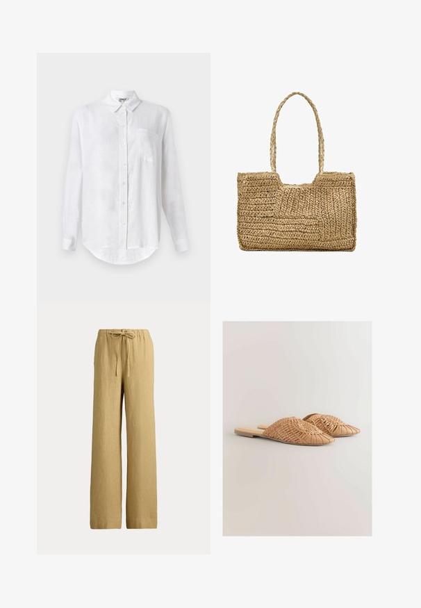 Camisa blanca de manga larga hecha de lino con cuello abotonado, un bolsillo en el pecho y dobladillo redondeado. Cuenta con cierre frontal estándar con botones.; Pantalones anchos de lino beige con cintura elástica y cordón ajustable en la parte delantera.; Sandalias deslizantes de cuero trenzado en color marrón claro, con un diseño de parte superior trenzada de gran tamaño y una suela plana. La punta afilada aporta un aspecto elegante.; Bolso tote rectangular tejido de paja con dos asas trenzadas y una pequeña muesca en el centro del borde superior.