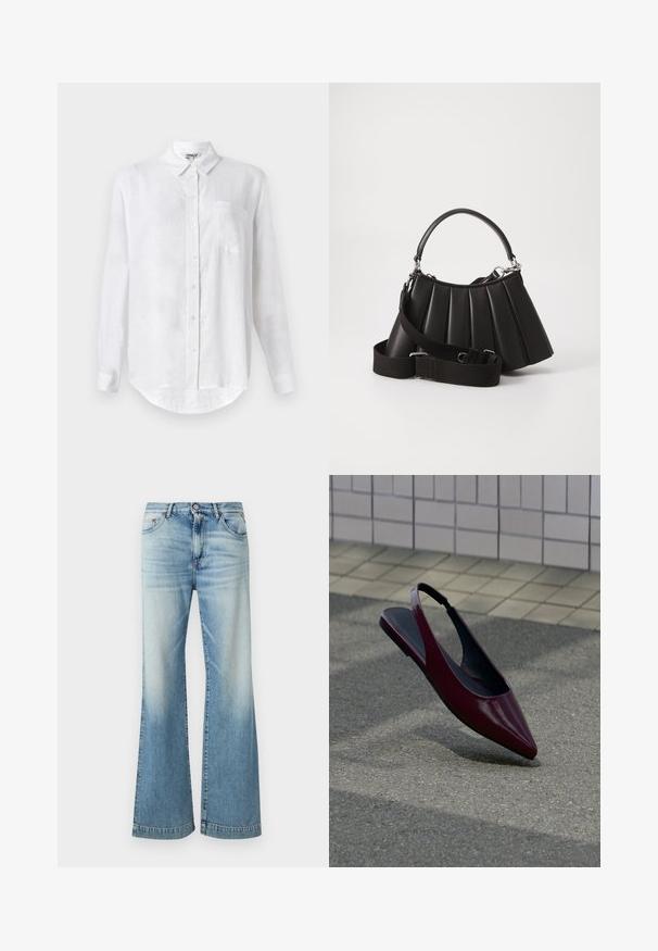 Camisa blanca de manga larga hecha de lino con cuello abotonado, un bolsillo en el pecho y dobladillo redondeado. Cuenta con cierre frontal estándar con botones.; Vaqueros acampanados de color azul claro hechos de mezclilla, con un acabado ligeramente descolorido, diseño de cinco bolsillos y cierre tradicional con botón.; Zapato plano tipo slingback de charol burdeos con punta puntiaguda flotando sobre un pavimento texturizado cerca de una pared con azulejos.; Bolso de mano negro con pliegues, manejo redondeado, correa ajustable y textura brillante. Presenta herrajes plateados y una silueta estructurada.