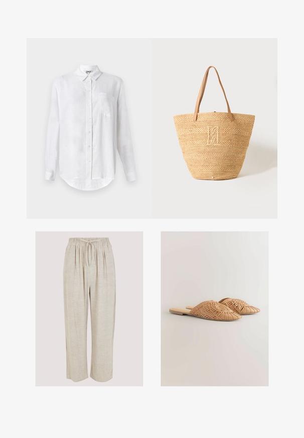 Camisa blanca de manga larga hecha de lino con cuello abotonado, un bolsillo en el pecho y dobladillo redondeado. Cuenta con cierre frontal estándar con botones.; Pantalones de lino beige con un diseño de pierna ancha, cinturilla elástica y cordón. Textura suave con sutiles irregularidades en toda la tela.; Sandalias deslizantes de cuero trenzado en color marrón claro, con un diseño de parte superior trenzada de gran tamaño y una suela plana. La punta afilada aporta un aspecto elegante.; Bolsa tote beige de paja tejida con dos asas de cuero marrón claro y un monograma bordado sutil en el centro delantero.