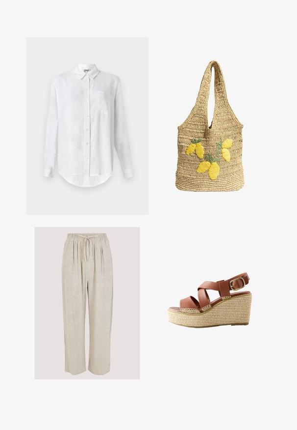 Hvid langærmet skjorte lavet af hør med button-down krave, enkelt brystlomme og afrundet nederste kant. Har standard frontlukning med knapper.; Beige linnedragter med bred ben-design, elastisk talje og snøre. Glat tekstur med subtile nubret gennem stoffet.; Brun læder kile sandal med krydsede stropper, guldbælte og vævet beige platformsål.; Vævet stråtaske med bred skulderrem og gule broderede citroner med grønne blade foran.