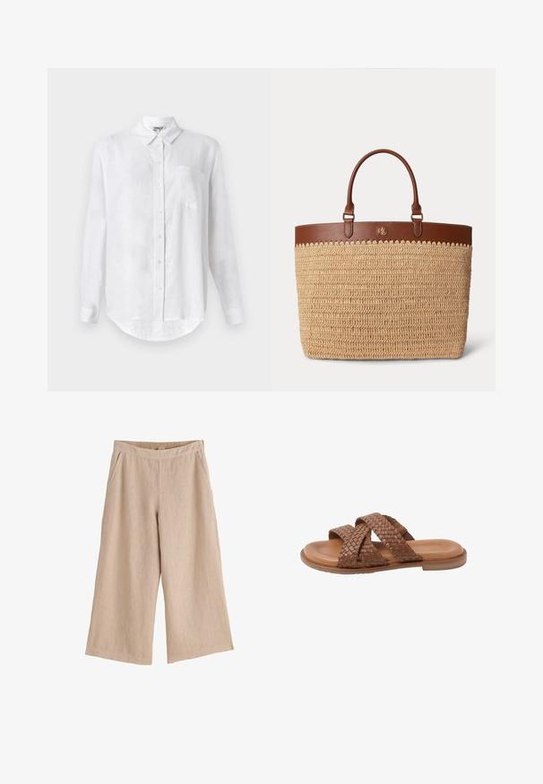 Hvid langærmet skjorte lavet af hør med button-down krave, enkelt brystlomme og afrundet nederste kant. Har standard frontlukning med knapper.; Beige vide bukser med elastisk taljebånd og sidelommer, lavet af letvægtsstof.; Brun læder slide-sandal med to brede vævede remme, der krydser over foden, og en flad sål, isoleret på hvid baggrund.; Stor vævet beige taske med brune læderkanter og hanke, med guld RL-logo foran.