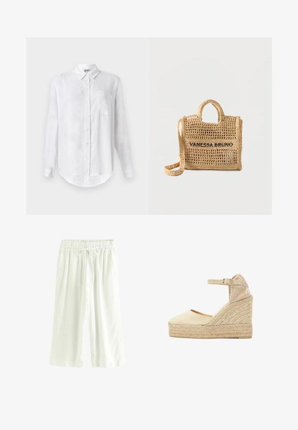 Camisa blanca de manga larga hecha de lino con cuello abotonado, un bolsillo en el pecho y dobladillo redondeado. Cuenta con cierre frontal estándar con botones.; Pantalones culottes blancos de lino con cinturilla elástica y cordón ajustable, que cuentan con dos bolsillos laterales y un corte relajado y holgado.; Alpargata cuña beige con plataforma de yute tejido, punta cerrada, correa al tobillo con hebilla y contrafuerte texturizado en tonos neutros.; Bolso tejido beige con dos asas, correa larga, diseño de tejido abierto y "VANESSA BRUNO" bordado en negro en la parte frontal.