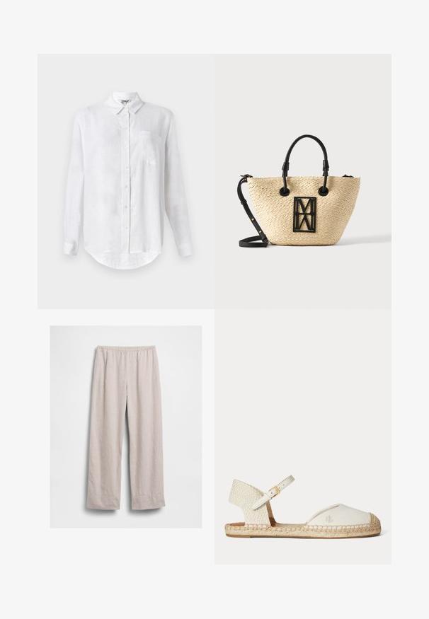 Camisa blanca de manga larga hecha de lino con cuello abotonado, un bolsillo en el pecho y dobladillo redondeado. Cuenta con cierre frontal estándar con botones.; Pantalones sueltos de color beige claro con cintura elástica, piernas rectas y sin bolsillos visibles, mostrados estirados sobre un fondo blanco.; Sandalia espadrille blanca con tacón trenzado, correa en el tobillo con hebilla dorada y logo "RL" en la puntera de lona, suela plana de yute.; Bolso tote beige tejido con asas negras y correa de hombro extraíble, con un logo geométrico negro en el frente.