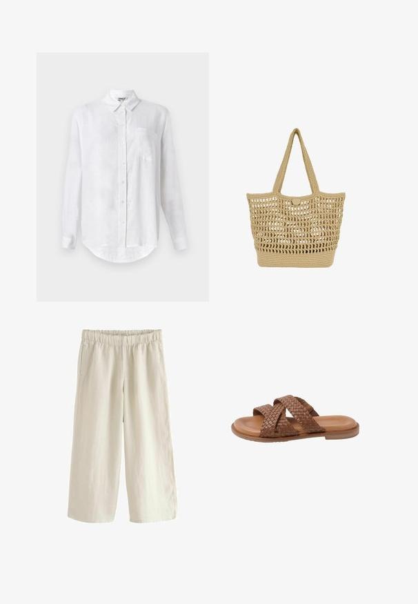 Camisa blanca de manga larga hecha de lino con cuello abotonado, un bolsillo en el pecho y dobladillo redondeado. Cuenta con cierre frontal estándar con botones.; Pantalones de lino de pierna ancha en beige claro con cintura elástica, que cuentan con bolsillos laterales y una textura suave. Corte relajado.; Sandalia de cuero marrón tipo 'slide' con dos amplias correas tejidas que cruzan sobre el pie y una suela plana, aislada sobre fondo blanco.; Bolsa tote tejida beige con patrón abierto de punto, base sólida, dos asas para el hombro y cierre pequeño de botón redondo en la parte superior central.