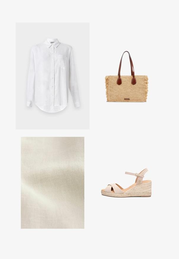 Camisa blanca de manga larga hecha de lino con cuello abotonado, un bolsillo en el pecho y dobladillo redondeado. Cuenta con cierre frontal estándar con botones.; Tejido texturizado de color beige claro con un patrón tejido, que muestra sutiles variaciones en color y detalle en la superficie. Textura suave y lisa en general.; Sandalia de cuña beige con tiras delanteras cruzadas, correa con hebilla en el tobillo y suela plataforma trenzada de yute.; Bolso rectangular tejido de paja con asas de cuero marrón y laterales con flecos, con una pequeña etiqueta frontal.