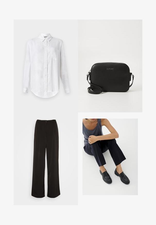Camisa blanca de manga larga hecha de lino con cuello abotonado, un bolsillo en el pecho y dobladillo redondeado. Cuenta con cierre frontal estándar con botones.; Vero Moda Wide leg VMLUNADESI Mid waist - Pantalones - black; Mocasines de cuero negro con detalles texturizados, tacón bajo, puntera redonda y costuras visibles. Modelo vistiendo pantalones oscuros y una blusa gris.; Bolso cruzado de piel negra con textura suave, forma rectangular y correa ajustable. Presenta el logotipo "REPLAY" en la parte frontal.