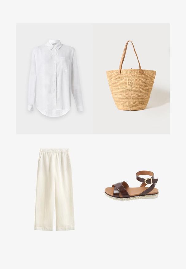 Camisa blanca de manga larga hecha de lino con cuello abotonado, un bolsillo en el pecho y dobladillo redondeado. Cuenta con cierre frontal estándar con botones.; GANT BLEND PULL ON PANTS - Pantalones - eggshell; Sandalia plana de cuero marrón con correas cruzadas, hebilla en el tobillo, plantilla acolchada color beige y borde decorativo de cuenta blanca en la suela.; Bolsa tote beige de paja tejida con dos asas de cuero marrón claro y un monograma bordado sutil en el centro delantero.
