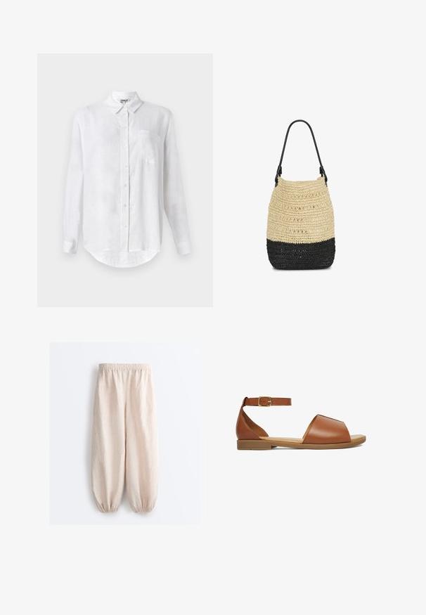 Hvid langærmet skjorte lavet af hør med button-down krave, enkelt brystlomme og afrundet nederste kant. Har standard frontlukning med knapper.; Lyse beige vidde bukser med elastisk talje og opsamlede elastiske manchetter, lavet af ribbet stof.; Brun læder flad sandal med ankelrem og guldlås, åben tå og lav gummisål.; Tofarvet vævet beige og sort håndtaske med sort skulderrem, spandform og åben vævemønster.