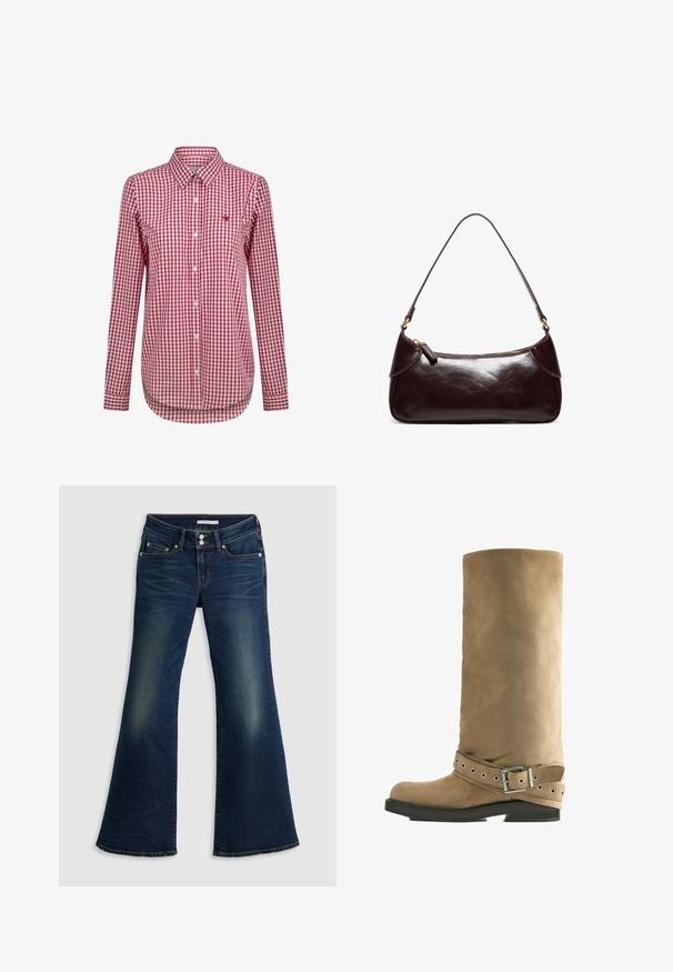 Chemise à manches longues à carreaux rouges et blancs, avec un col, dotée d'un petit logo brodé et d'un ourlet arrondi.; Jean flare super bas en denim bleu foncé avec poches avant et arrière, fermeture à double bouton et détails décolorés sur les cuisses et les genoux.; Botte haute jusqu'au genou en daim beige avec semelle noire et bride décorative avec boucle argentée autour de la cheville.; Sac à bandoulière en cuir marron foncé avec une seule sangle et une fermeture éclair, forme rectangulaire avec des bords arrondis sur fond blanc.
