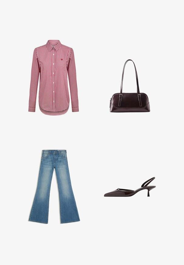 Chemise à manches longues à carreaux rouges et blancs, avec un col, dotée d'un petit logo brodé et d'un ourlet arrondi.; Jean en denim bleu avec une jambe évasée, des poches avant et une fermeture à boutons, présenté sur fond blanc.; Escarpin slingback en cuir verni marron foncé avec bout pointu et petit talon kitten sur fond blanc.; Sac à main en cuir marron foncé avec deux longues bandoulières, une fermeture éclair et des détails cousus subtils sur fond blanc.