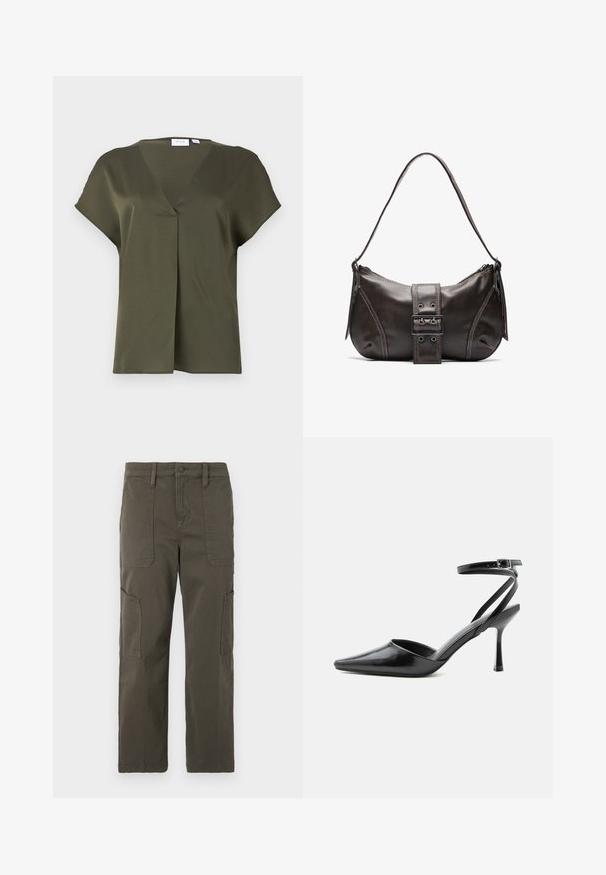Blusa de manga corta en verde aceituna oscuro, con escote en V y pliegue delantero. Tejido suave con un corte relajado y detalle de costura mínima.; Good American CROPPED PANTS - Pantalones cargo - fatigue; Zapato de tacón alto negro de punta fina con delgadas correas en el tobillo y cierre de hebilla plateada sobre un fondo liso claro.; Bolso de hombro de cuero marrón con forma curva, que presenta un prominente detalle de hebilla, costuras en contraste y una sola correa para el hombro.