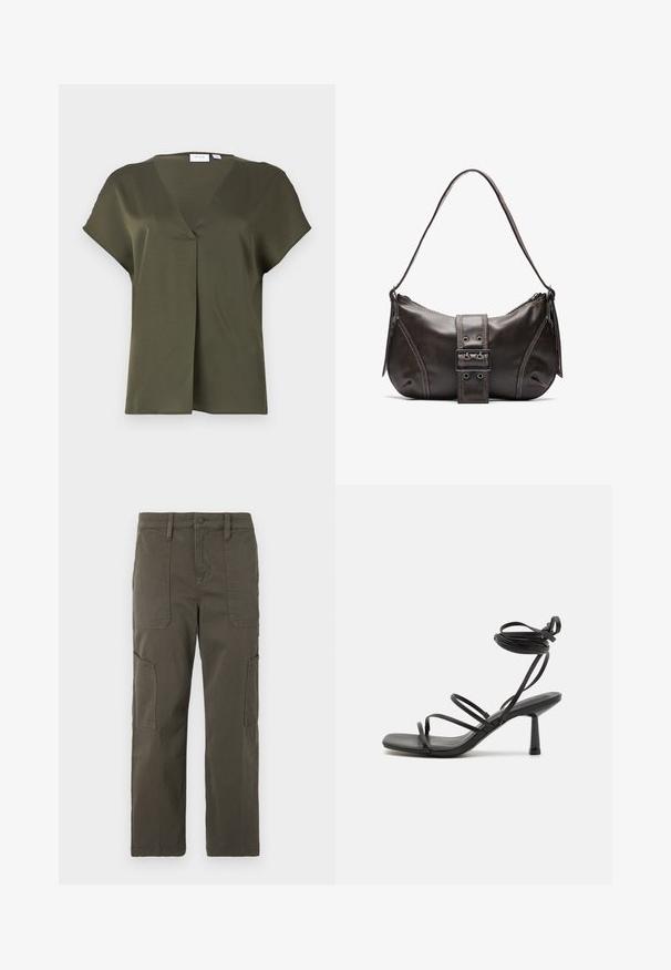 Dunkelolivgrübluse mit kurzen Ärmeln, V-Ausschnitt und vorderer Faltenlegung. Glattes Material mit entspannter Passform und minimalen Nähdetails.; Good American CROPPED PANTS - Cargohose - fatigue; Schwarze Sandale mit Riemchen, quadratischer Zehenpartie, verstellbaren Knöchelbindungen und einem schmalen Blockabsatz. Hergestellt aus einem glatten, strapazierfähigen Material.; Braune Lederumhängetasche mit gebogener Form, die mit einem auffälligen Schnallendetail, kontrastierenden Nähten und einem einzigen Schulterriemen ausgestattet ist.