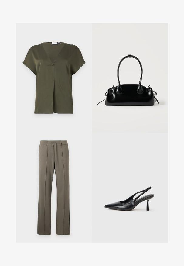 Blusa de manga corta en verde aceituna oscuro, con escote en V y pliegue delantero. Tejido suave con un corte relajado y detalle de costura mínima.; Pantalones caqui con un diseño de pierna recta, cintura con cordón y dos pliegues frontales. Fabricados con una tela suave y texturizada.; Zapato de tacón alto negro de cuero con puntera afilada y tacón delgado sobre un fondo blanco.; Pequeño bolso negro brillante con dos asas largas y detalles de cordón lateral sobre un fondo claro liso.