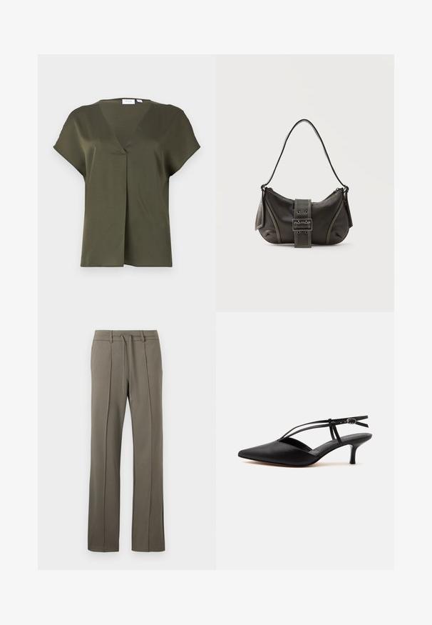 Blusa de manga corta en verde aceituna oscuro, con escote en V y pliegue delantero. Tejido suave con un corte relajado y detalle de costura mínima.; Pantalones caqui con un diseño de pierna recta, cintura con cordón y dos pliegues frontales. Fabricados con una tela suave y texturizada.; Zapato de piel negra con puntera puntiaguda y tacón kitten, con tira fina en el tobillo y hebilla, diseño slingback, sobre un fondo liso y claro.; Bolso de hombro de cuero negro con detalle de correa con hebilla, bordes curvos y costuras blancas en contraste sobre un fondo liso.
