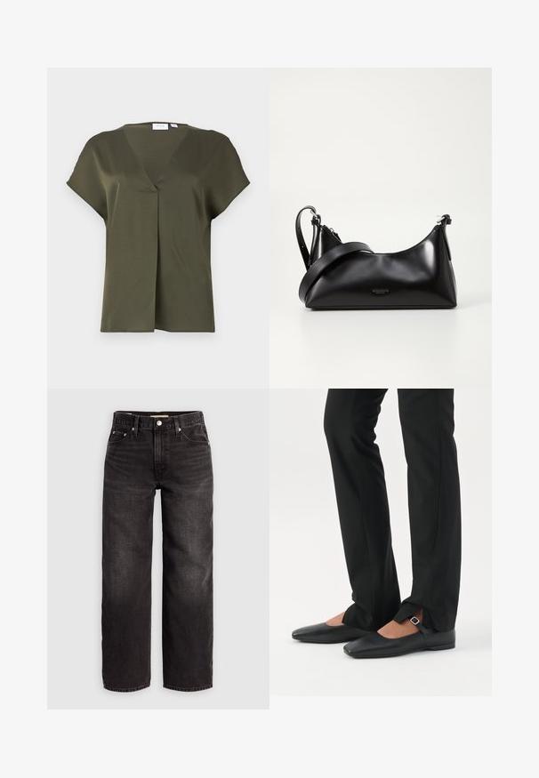 Tumeoliivroheline lühikeste varrukatega blousee V-kaelusega ja ees oleva voldiga. Sile kangas, millel on vabalt langev lõige ja minimaalne õmblusdetail.; Levi's® BAGGY DAD - Baggy fit teksad - shrink up; Jalad, mis kannavad mustaid kitsaid pükse esiosal lõhikutega allääres, kombineeritud mustade lameda tallaga Mary Jane kingadega, millel on väike pandlakinnitusega rihm.; Mustmust nahkaga kott sileda tekstuuriga. Omab reguleeritavat rihma ja sujuvat, minimalistlikku disaini, millel on lukuga sulgemine.