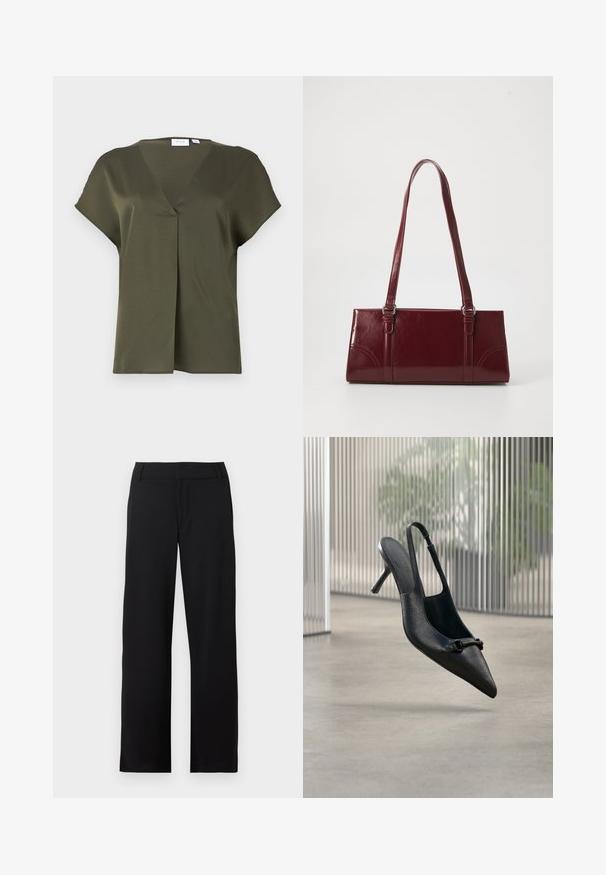 Dunkelolivgrübluse mit kurzen Ärmeln, V-Ausschnitt und vorderer Faltenlegung. Glattes Material mit entspannter Passform und minimalen Nähdetails.; Schwarze Hose mit geradem Bein, Gürtelschlaufen und Reißverschluss vorne, vor weißem Hintergrund dargestellt.; Schwarzer, strukturierter Leder-Slingback-Hochschuh mit spitzer Spitze und einer kleinen dekorativen Schnalle, der über einem glatten Boden zu schweben scheint.; Burgunderfarbene Handtasche aus glänzendem Material, rechteckige Form, mit zwei Schulterriemen und subtilen, geschwungenen Akzenten an der Vorderseite.