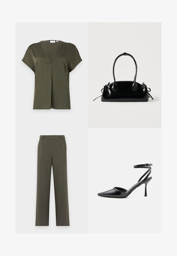 Dunkelolivgrübluse mit kurzen Ärmeln, V-Ausschnitt und vorderer Faltenlegung. Glattes Material mit entspannter Passform und minimalen Nähdetails.; Olivgrüne Hosen mit geradem Bein, ausgestattet mit zwei Knöpfen am Bund und vorderen Falten für zusätzlichen Detail.; Schwarzer spitzer High Heel mit dünnen Knöchelriemen und silberner Schnalle auf einfachem hellem Hintergrund.; Kleine schwarze glänzende Handtasche mit zwei langen Griffen und seitlichen Kordelzug-Details vor einfachem hellem Hintergrund.