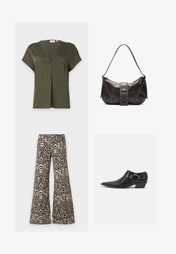Donkergroen, kortekooien blouse met een V-hals en een plooien aan de voorkant. Glad stof met een relaxte pasvorm en minimale stikdetails.; Brede pijpenbroek gemaakt van stof met een beige en zwart zebra print patroon, met een hoge taille en een traditionele vijf-pocket ontwerp.; Zwarte leren enkellaarzen met een spitse neus, voorzien van een leren band aan de voorkant en een zilveren gesp detail, en een lage, blokhak.; Bruine leren schoudertas met een gebogen vorm, voorzien van een opvallende gespdetail, contrasterende stiksels en een enkele schouderband.