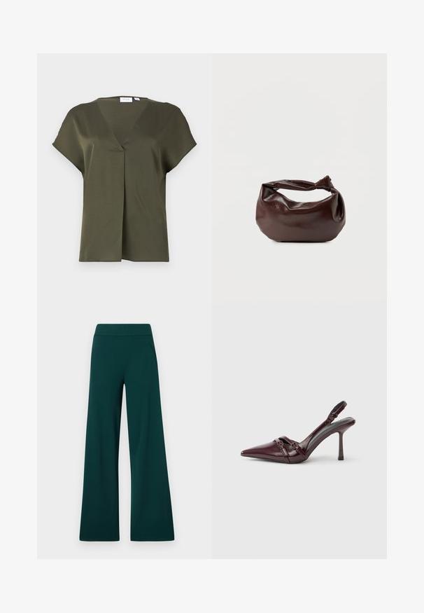 Dunkelolivgrübluse mit kurzen Ärmeln, V-Ausschnitt und vorderer Faltenlegung. Glattes Material mit entspannter Passform und minimalen Nähdetails.; Weite Hose aus dunkelgrünem Stoff, mit glatter Textur, elastischem Taillenbund und zwei Seitentaschen. Keine sichtbaren Muster oder Beschläge.; Bordeauxroter Slingback-Pumps aus Lackleder mit spitz zulaufender Vorderkappe, dünnem Knöchelriemen und kleiner dekorativer Schnalle. Glatte Textur und hoher Absatz.; Dunkelbraune Lederschultertasche mit weicher, lockerer Form und einem gedrehten Knotengriff vor schlichtem weißem Hintergrund.
