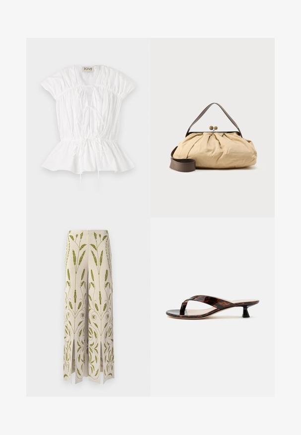 Blouse en coton blanc avec des manches courtes bouffantes, des détails froncés et un avant à nouer. L'ourlet peplum ajoute une silhouette évasée. Étiquette de marque visible.; Pantalons à jambes larges en tissu crème avec broderies florales vertes. Présentent des fentes à l'ourlet et des motifs botaniques intricats.; Sandale à talon kitten écaille de tortue marron avec bride entre les orteils et bout carré sur un fond clair uni.; Sac en tissu beige avec un design froncé, poignée en cuir marron et deux fermetures métalliques rondes en haut. Sangle marron réglable incluse.