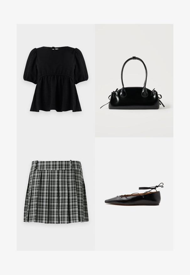 Blouse noire à manches courtes avec une finition texturée, encolure ronde, taille élastique et détail de lien dans le dos. Silhouette évasée.; Jupe plissée à carreaux noir et blanc avec une taille lisse et de multiples plis verticaux. Fabriquée en tissu léger.; Chaussure plate en cuir verni noir à bout pointu, avec détail lacé et bride à la cheville, présentée sur un fond blanc.; Petit sac à main noir brillant avec deux longues anses et des détails à cordon sur les côtés sur un fond clair uni.