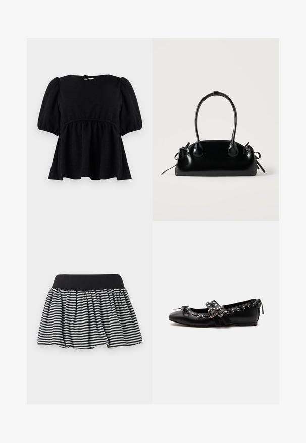 Schwarze Bluse mit kurzen Ärmeln, texturierter Oberfläche, Rundhalsausschnitt, elastischem Taillenbund und Rückenschnürung. Ausgestellte Silhouette.; Schwarz-weißer gestreifter Rock mit einem gerafften Design und elastischem Bund, gefertigt aus weichem Material. Verfügt über eine ausgestellte Form für mehr Weite.; Schwarzer flacher Ballettschuh mit doppelten Schnallenriemen, silbernen Ösen und einer kleinen Schleife nahe der abgerundeten Spitze auf weißem Hintergrund.; Kleine schwarze glänzende Handtasche mit zwei langen Griffen und seitlichen Kordelzug-Details vor einfachem hellem Hintergrund.