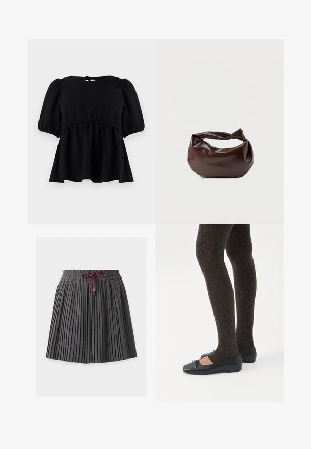 Blouse noire à manches courtes avec une finition texturée, encolure ronde, taille élastique et détail de lien dans le dos. Silhouette évasée.; Jupe plissée gris foncé avec une taille élastique et un cordon bordeaux noué au centre devant.; Jambes portant des leggings côtelés foncés associés à des ballerines noires avec de petits détails en nœud sur fond blanc.; Sac bandoulière en cuir marron foncé avec une forme souple et décontractée et une anse nouée torsadée sur un fond blanc uni.