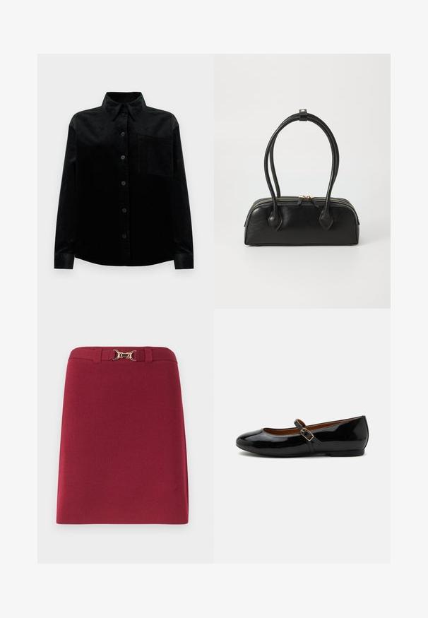 Chemise en velours côtelé noire à manches longues, avec un col classique, une fermeture à boutons sur le devant et une poche poitrine. Présente une texture côtelée sur l'ensemble.; Jupe bordeaux longueur genou avec passants de ceinture et détail boucle mors dorée à la taille.; Chaussure plate Mary Jane en cuir verni noir avec bout arrondi et bride latérale réglable à boucle, présentée sur fond blanc.; Sac à main en cuir noir avec deux anses allongées, fermeture éclair et forme arrondie ; texture lisse avec une finition légèrement brillante.