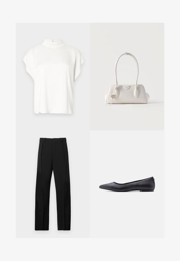 Haut blanc à manches courtes avec un col montant, fabriqué en tissu doux. Doté d'un détail de bouton à l'arrière du col. Silhouette simple et décontractée.; Pantalon noir à coupe ajustée, avec deux plis devant, une texture lisse et un design de jambe droite. Aucun matériel visible ni motifs.; Chaussure plate en cuir noire à bout pointu avec petit talon, vue de profil sur fond blanc.; Petit sac à main en cuir blanc avec deux longues anses, un pendentif logo argenté et une fermeture éclair de chaque côté, posé sur un fond blanc uni.