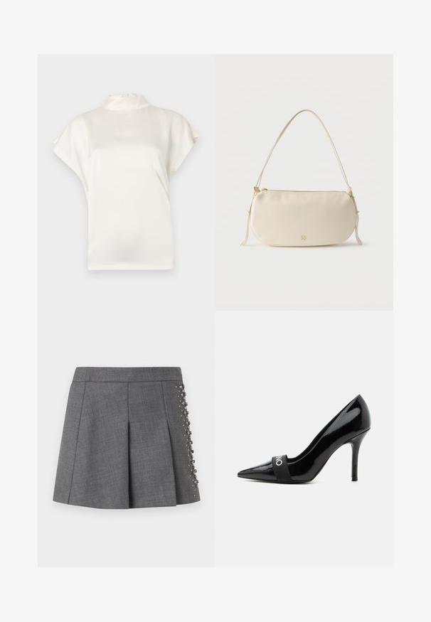 Blouse crème à col haut, à manches courtes, en tissu lisse. Présente un léger éclat et une fermeture à bouton à l'arrière de l'encolure.; Jupe plissée grise avec une ceinture ajustée et des détails décoratifs en perles le long d'un côté, réalisée en tissu texturé.; Escarpin à talon haut en cuir verni noir à bout pointu, talon fin et bande élastique sur le devant avec texte blanc.; Petit sac à épaule de couleur crème avec une seule sangle, fermeture éclair et logo de marque doré discret à l'avant.