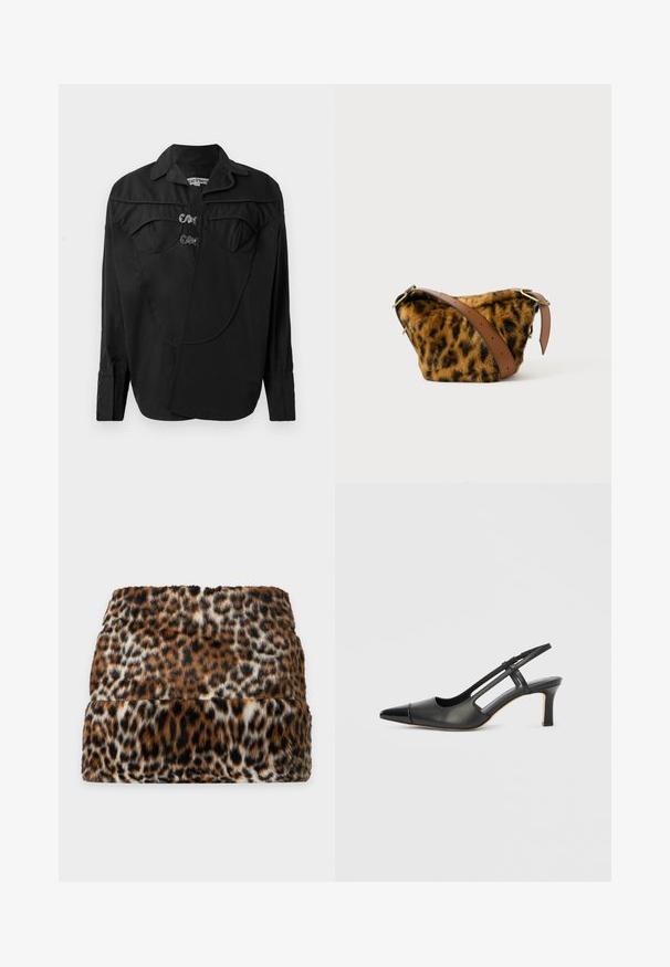 Sort button-up skjorte med en struktureret front, der har overlay-detaljer, to brystlommer og krave. Lavet af et glat stof med en mat overflade.; Mini nederdel med brun, sort og hvid leopardprint i kunstpels på ensfarvet lys baggrund.; Sort læder slingback-sko med spids tå, der har en blank accent på tåhætten og en mellemhøj hæl. Åben sidesektion.; Leopardmønstret faux fur taske med en brun læderrem, der har en rund form og guldbelægning.