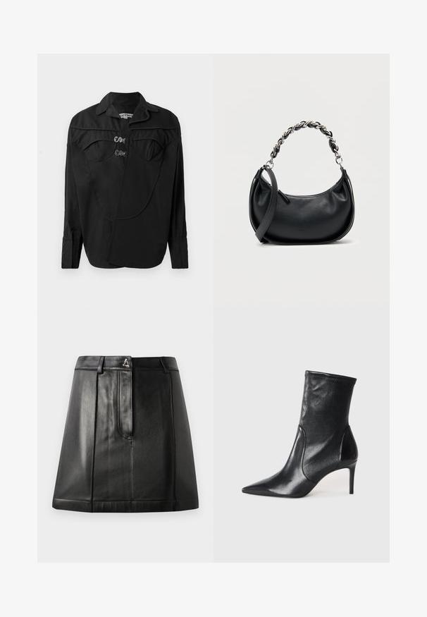 Camisa negra de botones con un frente estructurado que presenta detalles superpuestos, bolsillos dobles en el pecho y cuello. Confeccionada en una tela suave con acabado mate.; Falda de cuero negro con una forma estructurada, que cuenta con un bolsillo frontal y un accesorio metálico en la cintura. Textura suave y detalles de costura.; Botas negras hasta el tobillo hechas de cuero suave, con punta afilada, caña ajustada y tacón alto delgado. Diseño minimalista sin herrajes visibles.; Bolso de cuero negro con forma redondeada, doble asa con una gruesa cadena de plata y cierre superior con cremallera. Textura suave.
