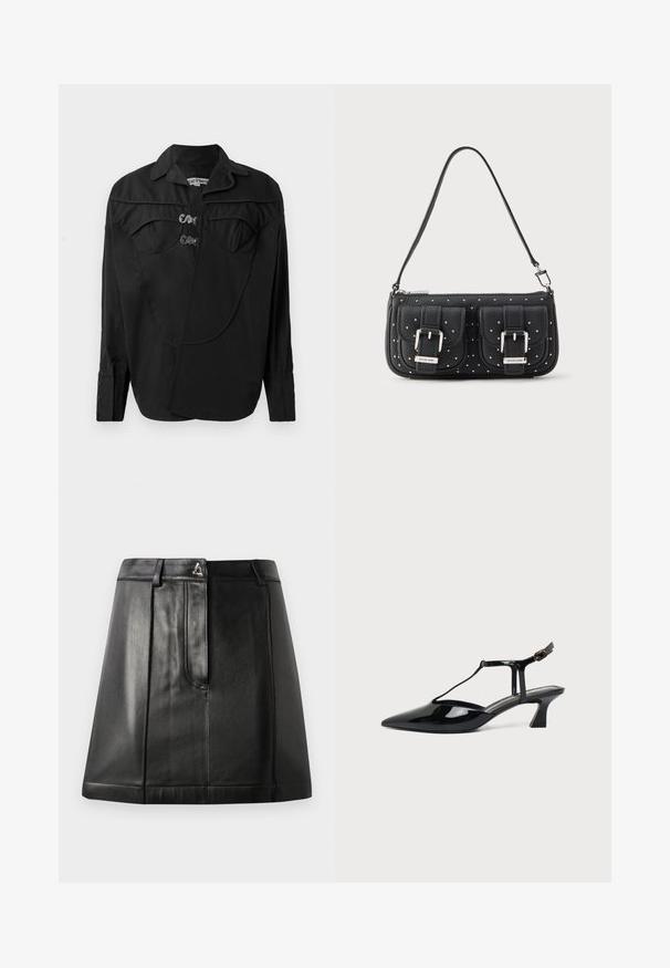 Camisa negra de botones con un frente estructurado que presenta detalles superpuestos, bolsillos dobles en el pecho y cuello. Confeccionada en una tela suave con acabado mate.; Falda de cuero negro con una forma estructurada, que cuenta con un bolsillo frontal y un accesorio metálico en la cintura. Textura suave y detalles de costura.; Zapato slingback de cuero charol negro con punta fina, tira en T y tacón bajo en bloque inclinado sobre fondo blanco.; Bolso de cuero negro con dos bolsillos frontales con hebillas plateadas, detalles con tachuelas y una sola correa de hombro ajustable.