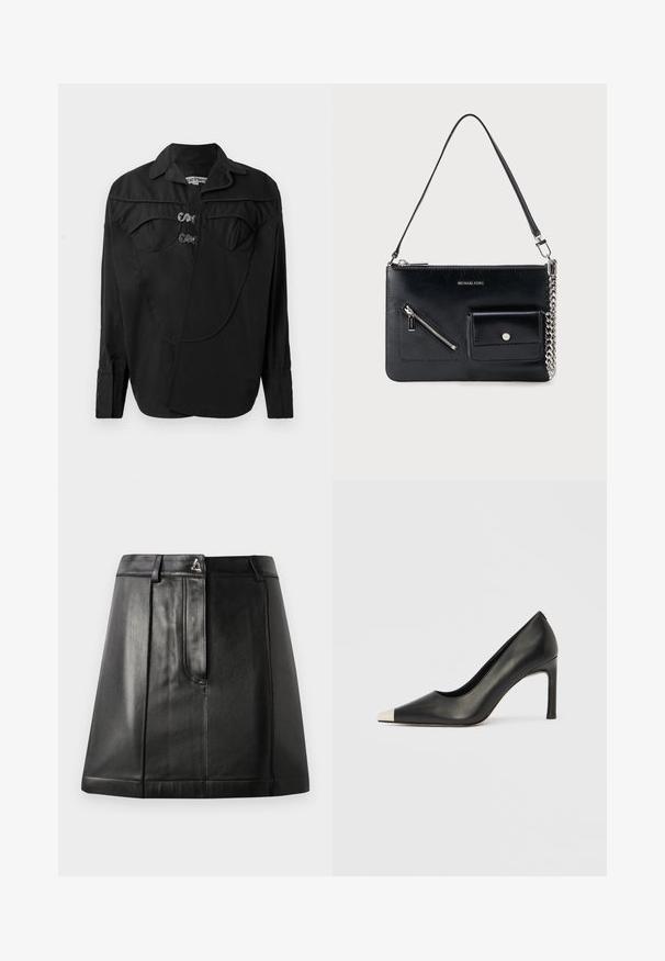 Camisa negra de botones con un frente estructurado que presenta detalles superpuestos, bolsillos dobles en el pecho y cuello. Confeccionada en una tela suave con acabado mate.; Falda de cuero negro con una forma estructurada, que cuenta con un bolsillo frontal y un accesorio metálico en la cintura. Textura suave y detalles de costura.; Zapato de tacón alto de cuero negro con punta en forma de pico y una tapa metálica plateada. Presenta un acabado suave y un tacón delgado de 10 cm.; Bolso de hombro de cuero negro de Michael Kors con cremallera superior, bolsillo diagonal en la parte frontal con cremallera, bolsillo con solapa y botón a presión, y detalle de cadena plateada.