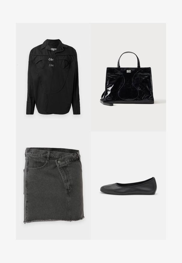 Camisa negra de botones con un frente estructurado que presenta detalles superpuestos, bolsillos dobles en el pecho y cuello. Confeccionada en una tela suave con acabado mate.; Minifalda de mezclilla negra con bolsillos frontales, presillas para cinturón, cierre de botón y detalles de dobladillo deshilachado.; Bailarina de piel negra con punta redondeada, textura suave, detalle de costura minimalista y diseño de suela flexible.; Bolso de mano de piel negra brillante con asas cortas, bandolera desmontable y detalles sutiles de costuras curvas en la parte delantera.