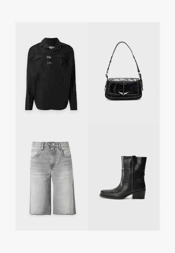 Sort button-up skjorte med en struktureret front, der har overlay-detaljer, to brystlommer og krave. Lavet af et glat stof med en mat overflade.; Grå high-waist vasket denimshorts med flossede kanter, forlommer, bæltestropper, knap og lynlås.; Sort læder ankelstøvle med rundt tå, blokhæl, lynlås i siden og stikninger på vampsiden. Glat tekstur, klassisk design.; Sort læder skuldertaske med sølvlignende nitter og vingeformet metalemblem på frontklappen mod en ensfarvet baggrund.
