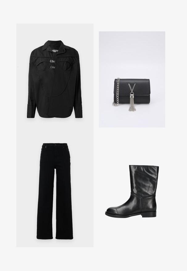 Sort button-up skjorte med en struktureret front, der har overlay-detaljer, to brystlommer og krave. Lavet af et glat stof med en mat overflade.; Sorte højtaljede jeans med lige ben-design, lavet af denim. Funktioner inkluderer bæltesløjfer, forlommer og en knapdetalje.; Sort læderstøvle til midtkalven med rund tå, lav hæl og glat finish, vist fra siden på en hvid baggrund.; Sort struktureret taske i tekstiler med fold-over låg, sølvfarvet kædestropp, og en dekorativ frynse med et "V" logo. Kompakt og struktureret design.