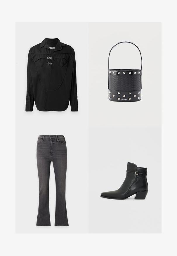Camisa negra de botones con un frente estructurado que presenta detalles superpuestos, bolsillos dobles en el pecho y cuello. Confeccionada en una tela suave con acabado mate.; Vaqueros de mezclilla gris oscuro de cintura alta con una ligera campana en la parte inferior y bolsillos delanteros, mostrados sobre un fondo liso.; Botas de cuero negras hasta el tobillo con punta afilada, un tacón bajo en bloque y una correa decorativa con un toque de hebilla plateada. Textura suave.; Bolso tipo cubo negro con textura tejida, adornos de tachuelas plateadas y un asa delgada. Presenta la marca en la parte frontal y una base de cuero suave.