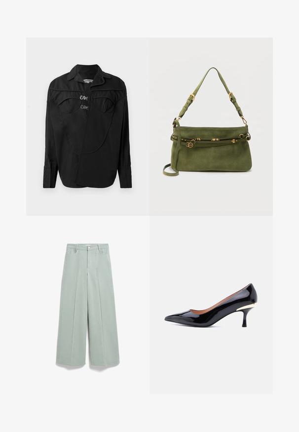 Sort button-up skjorte med en struktureret front, der har overlay-detaljer, to brystlommer og krave. Lavet af et glat stof med en mat overflade.; Bredbenede, højtaljede lysegrønne bukser med forreste syninger, bæltestropper og knaplukning, vist fladt på hvid baggrund.; Sort laklæder kitten heel-sko med spids tå og gyldent accent på bagsiden af hælen, vist på en hvid baggrund.; Grøn skuldertaske af ruskind med justerbare stropper og detaljer i guldfarvet spænde og lås på en ensfarvet baggrund.