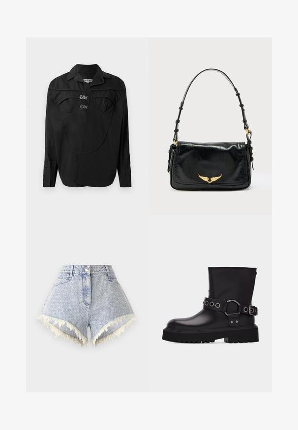 Sort button-up skjorte med en struktureret front, der har overlay-detaljer, to brystlommer og krave. Lavet af et glat stof med en mat overflade.; Lyseblå denimshorts med en frynset kant og hvide detaljer, med lukning foran med knap og to baglommer.; Sort læderstøvle til midten af læggen med tyk sål med slidbanemønster, dekorativ rem med sølvmetal-øjer og spænde på siden.; Sort læderhåndtaske med en buet klap, udsmykket med et gyldent vingedetalje, justerbar rem og glat, blank tekstur.